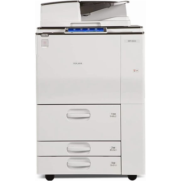 Restored Ricoh Aficio MP 6503 A3/A4 Monochrome Laser Multifunction Printer – 65 ppm, Print, Copy, Scan, Auto Duplex, Network, 2 Trays, High Capacity Tandem Tray