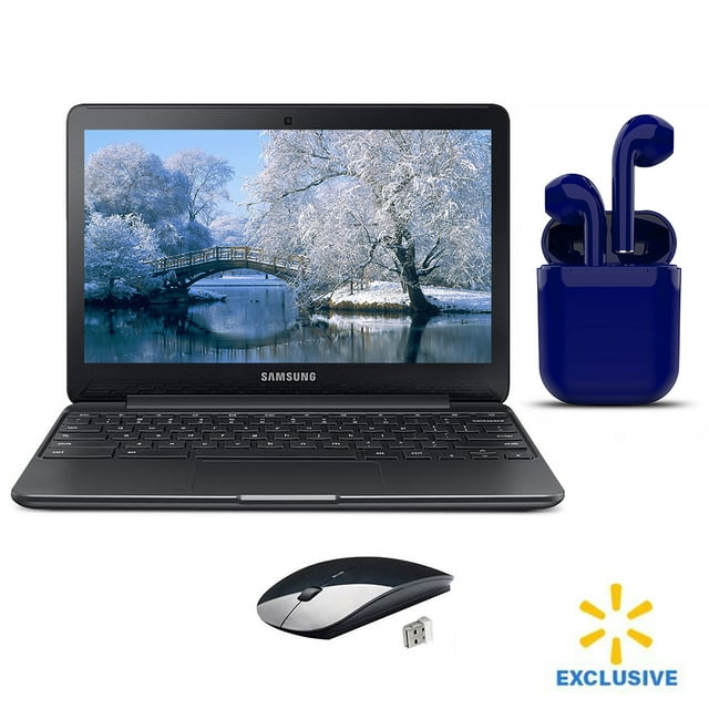 Restored | Samsung Chromebook | 11.6-inch | Intel Celeron N3050 | 4GB RAM | 16GB SSD | Bundle: USA Essentials Bluetooth/Wireless Airbuds, Wireless Mouse By Certified 2 Day Express