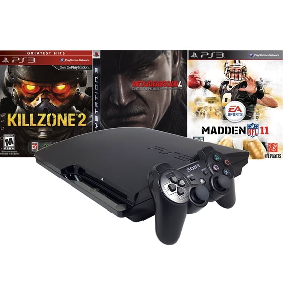 Sony PlayStation 3 Slim 320GB with Madden 2011, Metal Gear Solid 4, Killzone 2, Black, (Refurbished)