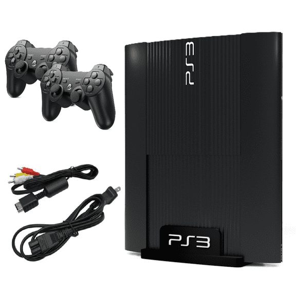 Restored Sony Playstation 3 Super Slim Game Console 500GB Black with Two Retrofam Controllers (Refurbished)