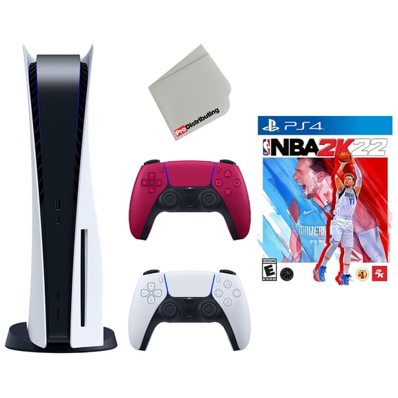 Restored Sony Playstation 5 Disc Version with Extra Controller, NBA 2K22 and Cleaning Cloth Bundle - Cosmic Red - (Refurbished)
