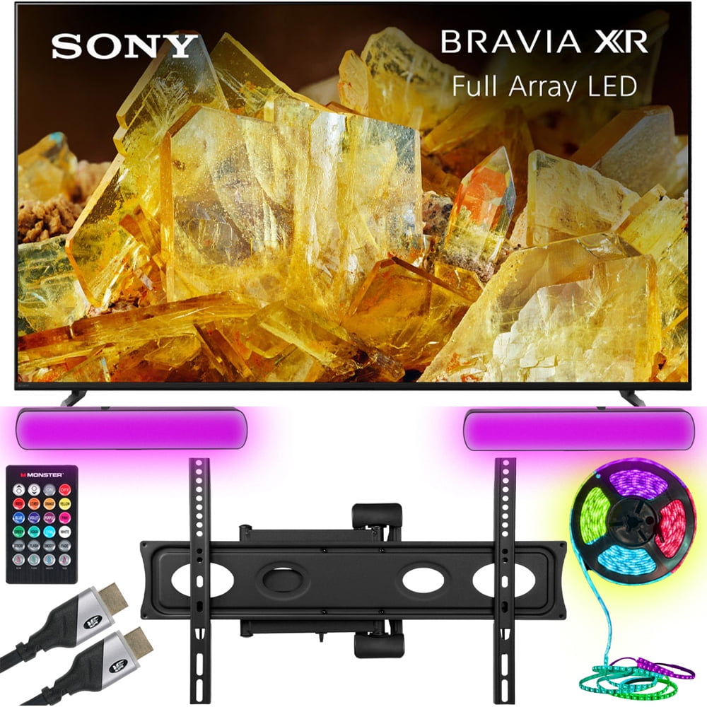 Restored Sony XR65X90L Bravia XR 65 inch X90L 4K HDR Full Array LED Smart TV Bundle with Monster TV Full Motion Wall Mount for 32-70 inch with 6 Piece Sound Reactive Lighting Kit (Refurbished)
