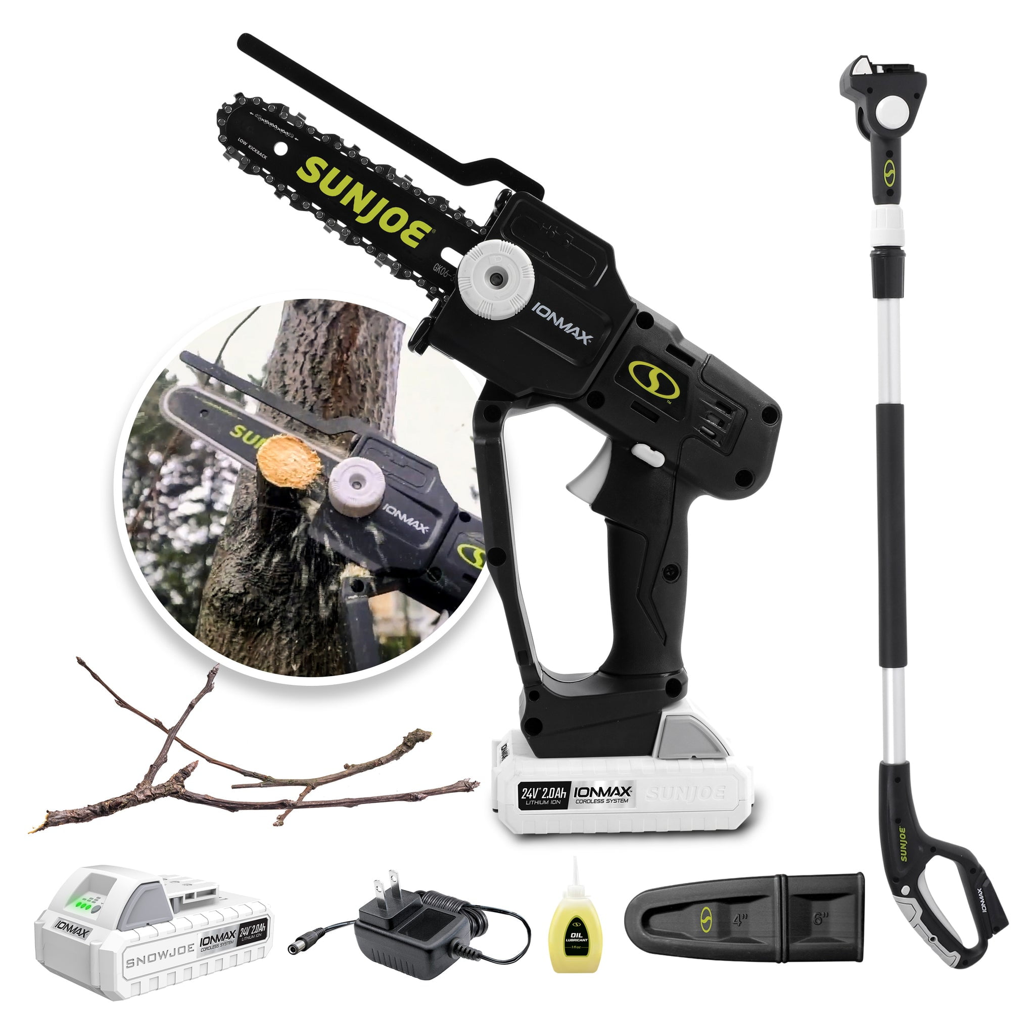 Restored Restored Sun Joe 24V-HCSWP-6-LTE | 24-Volt* IONMAX Cordless Telescoping Pole Pruning Saw Kit | 4000 RPM | W/ 2.0-Ah Battery + Charger (Refurbished)