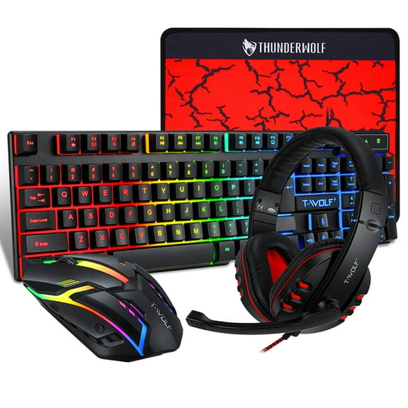 Restored T-WOLF TF800 Four-piece Gaming Combo 104 Keys Keyboard 4-color Breathing Light Mouse 3.5mm Gaming Headset -slip Pad (Refurbished)