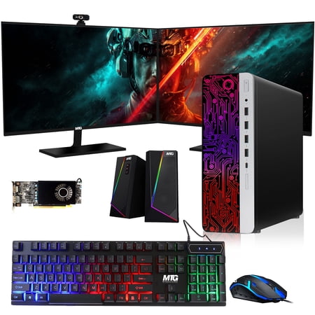 Restored HP G3 Gaming Desktop PC, Intel Core i5 4th Gen, AMD RX 550 Graphics, 16GB RAM, 240GB SSD | 2TB HDD, MTG 27 Inch Dual Monitor, RGB Keyboard Mouse, Speaker, Webcam, Win 10 Pro (Refurbished)