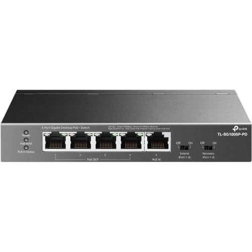 Restored TP-Link TL-SG1005P-PD 5 Port PoE Passthrough Gigabit Ethernet Switch 1 PoE++ In@90W 4 PoE+ Output up to 66W Plug & Play Extend Mode QoS IGMP (Refurbished)