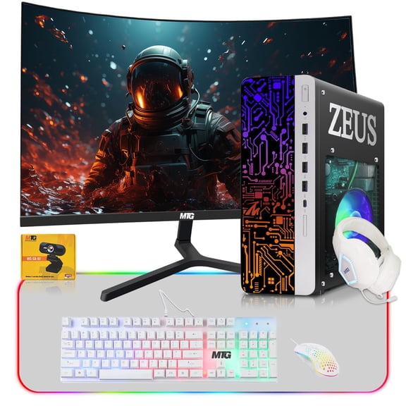 Restored TechMagnet Zeus Pro 9 Gaming Desktop PC, Intel i7, GT 1030, 16GB ARGB RAM, 256GB SSD, 27 Inch Curved Monitor, 4 in 1 Kit Webcam, USB WiFi BT, Win 11