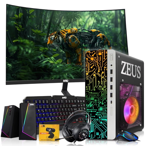 Restored TechMagnet Zeus Pro 9 Gaming Desktop PC, Intel i5, GT 1030, 16GB ARGB RAM, 1TB SSD, 27 Inch Curved Monitor, RGB Keyboard Mouse, Speaker, Headphone, Webcam, Win 11