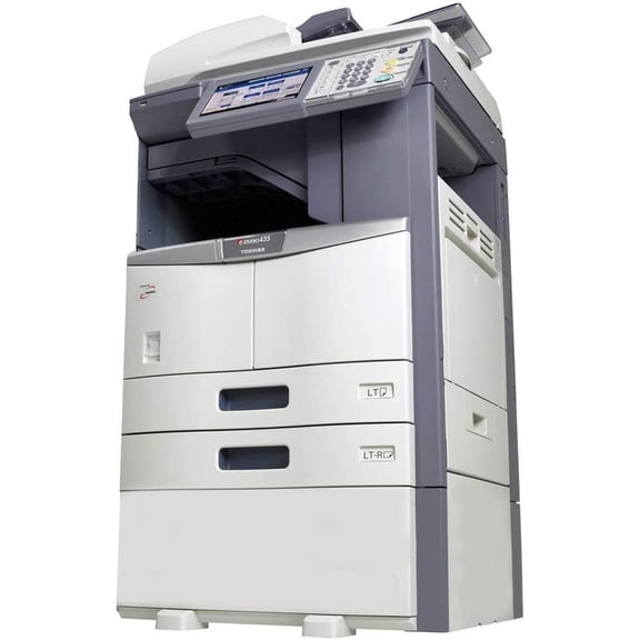 Restored Toshiba e-STUDIO 455 A3 Monochrome Copier – 45 PPM, Copy/Print/Scan, Duplex, USB, 2 Trays & Cabinet