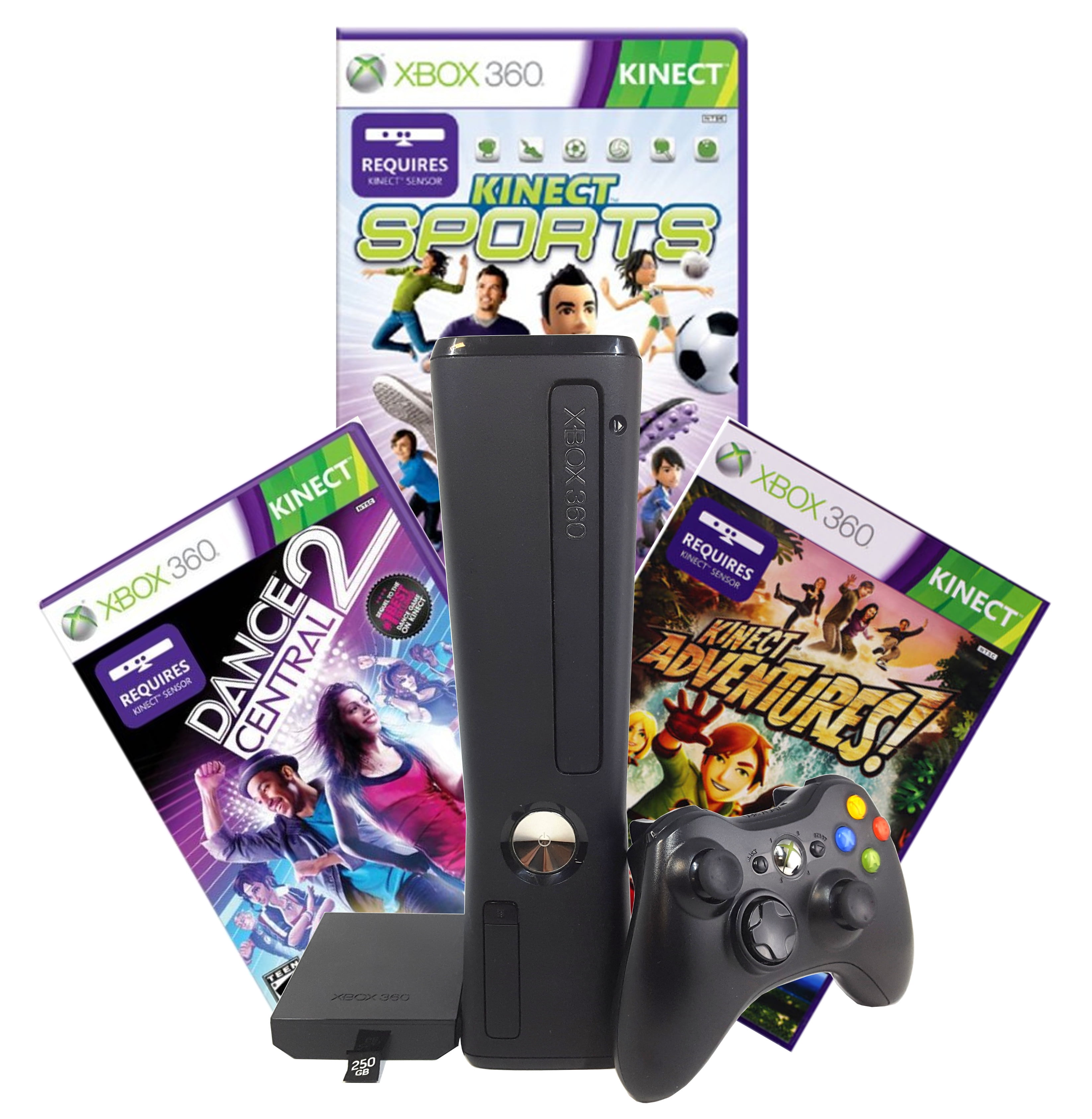 Restored Xbox 360 250GB Console, Kinect Sensor, games Sports, Adventures,  Dance Central 2 (Refurbished) 