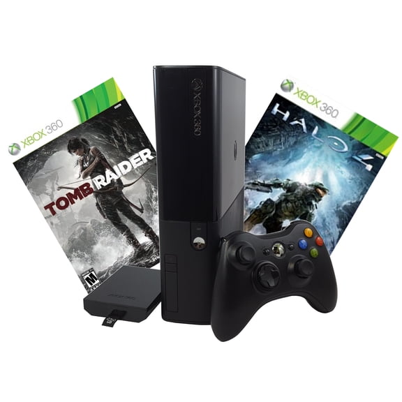 Restored Microsoft Xbox 360 E 250GB Console, Black with Tomb Raider, Halo 4