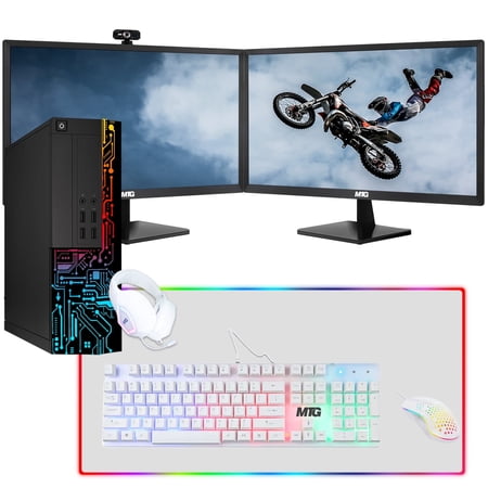 Restored computer desktop PC, Intel Core i5, TechMagnet Siwa 8, 8GB RAM, 128GB SSD Boot + 2TB HDD, Dual 27 Inch Monitor, Gaming Kit with Webcam, WiFi, Win 11 Home (Refurbished)
