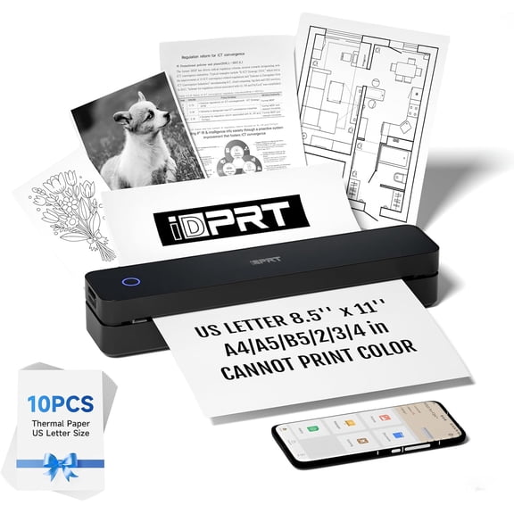 Restored iDPRT Portable Thermal Printer, MT610 Pro Wireless for Travel, 300 DPI Bluetooth Inkless Printer Support 8.5" X 11" US Letter Thermal Paper for Home, Compatible with iOS, Android, Black