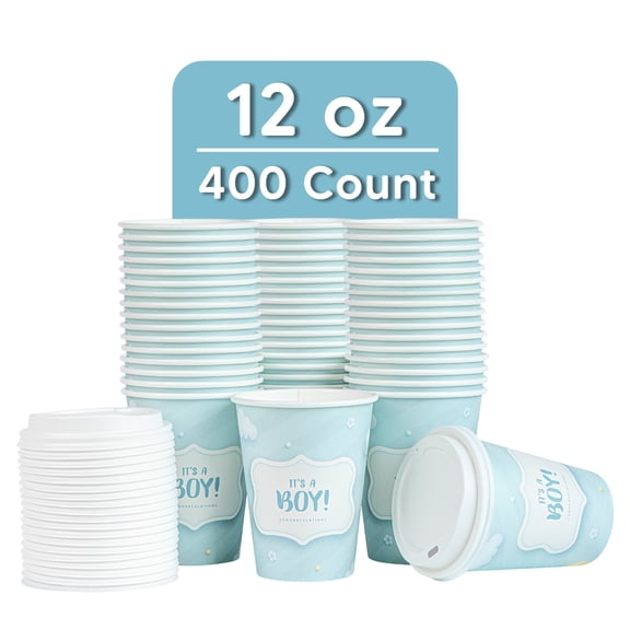 Restpresso 12 oz It's a Boy Paper Single Wall Coffee Cup - with White Lid - 3 1/2" x 3 1/2" x 4 3/4" - 400 count box