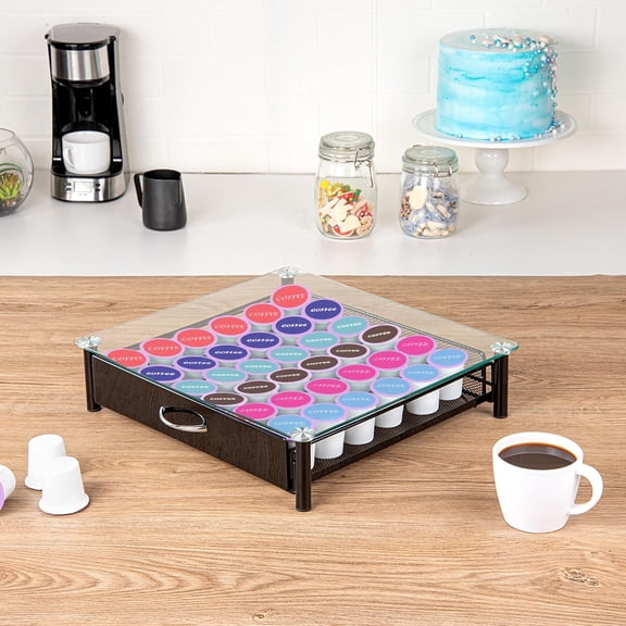 Restpresso 15.2 x 13.6 x 3.4 Inch Coffee Capsule Drawer, 1 Heavy-Duty Pod Drawer - Holds 36 K-Cups, Glass Top, Iron Espresso Pod Organizer, Mesh Tray, Pods Not Included