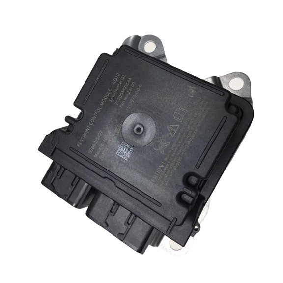 Restraint Control Module with Part Number 1512876-00-E 1512876-00-B 1512876-00-A 1095757-00-C, Two Connector Housings, and Three Mounting Tabs for Corresponding Vehicle Repair