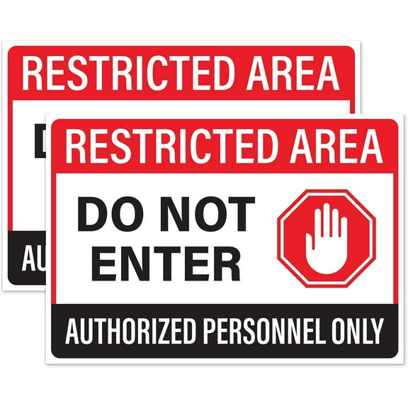 Restricted Area Do Not Enter Stickers, Authorized Personnel Only Signs, Self Adhesive Weatherproof Vinyl Stickers, Red/Black/White, 10" x 7" - Pack of 2
