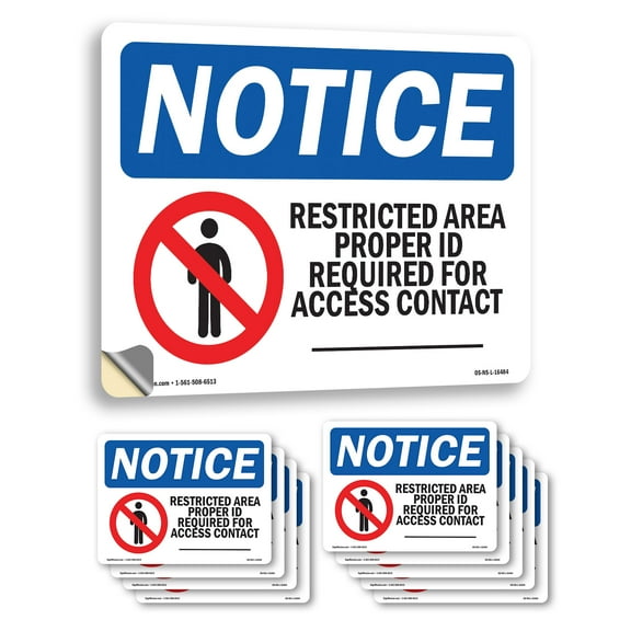 Restricted Area Proper Id Contact Custom OSHA Notice Vinyl Decal Label 10 Inch x 7 Inch - 10 Pack