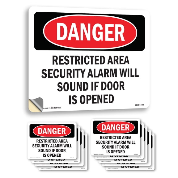 Restricted Area Security Alarm Will Sound OSHA Danger Vinyl Decal Label 10 Inch x 7 Inch - 10 Pack
