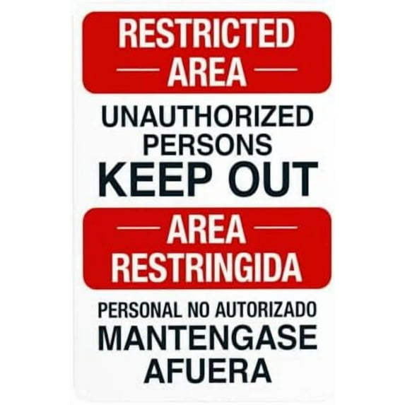 Restricted Area Unauthorized Persons Keep Out Bilingual Warning Sign, Do Not Enter Metal Signs for Business Home Garage Street Wall Caution Custom Decor 8 x 12 Inch