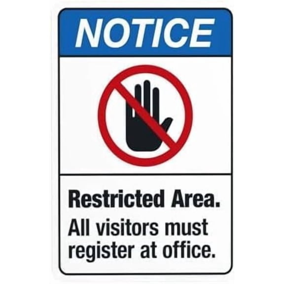 Restricted Area All Visitors Register At Office Warning Metal Sign, Visitor Security Plaque for Business Home Road Yard Garage Street, Access Control Sign, 8x12 Inch
