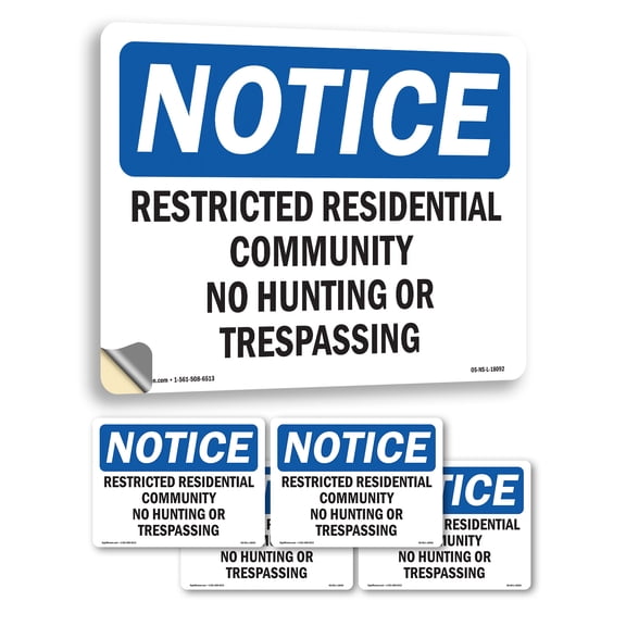 Restricted Residential Community No Hunting OSHA Notice Vinyl Decal Label 7 Inch x 5 Inch - 5 Pack