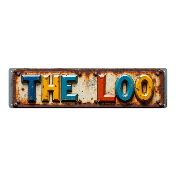 Restroom tin signs 16*4 in vintage rusty metal colorful letters hanging"THE LOO" embossed text indie room decor funny room decor wall plaques garage unique 3D effect