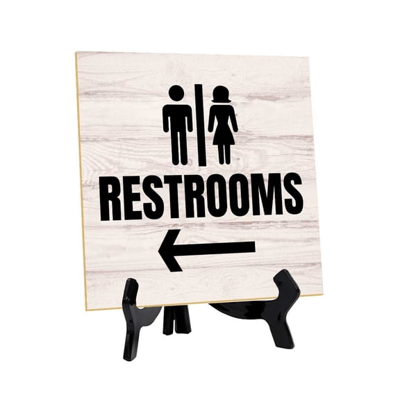 Restrooms Left 5"x 5" Square Table Sign With Acrylic Easel | General Office Notices & Business Table Signs