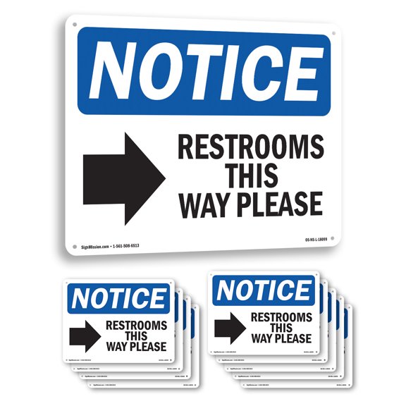 Restrooms This Way Please [Right OSHA Notice Aluminum Sign 14 Inch x 10 Inch - 10 Pack