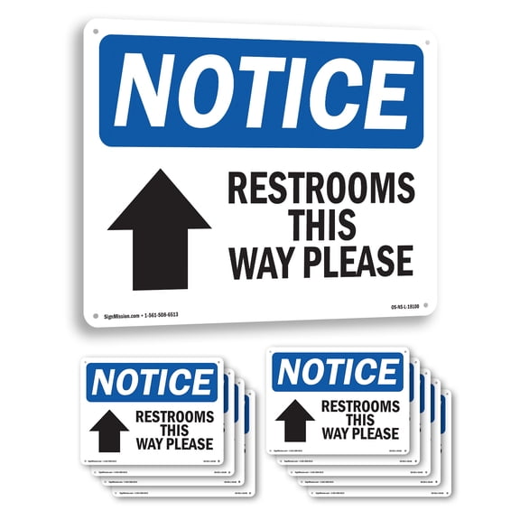 Restrooms This Way Please [Up Arrow] OSHA Notice Aluminum Sign 14 Inch x 10 Inch - 10 Pack