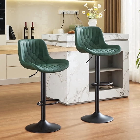 RESTWORLD 2PCS Green Adjustable 360° Swivel Bar Stools PU Leather Cushion With Backrest Footrest For Kitchen Island Home Bar Dining Room