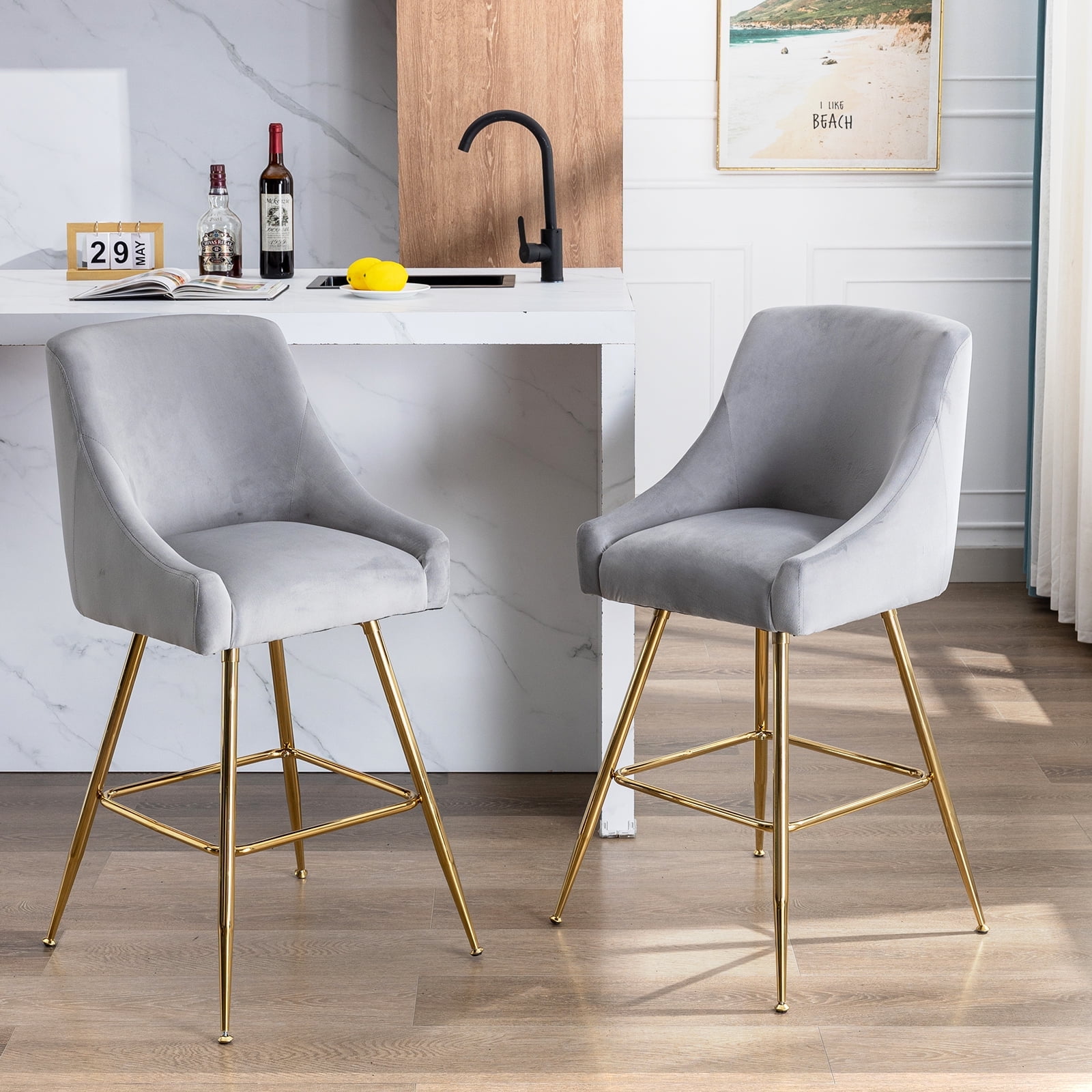 Restworld Bar Stools Set of 4, Back and Armrest,Velvet Modern Bar ...