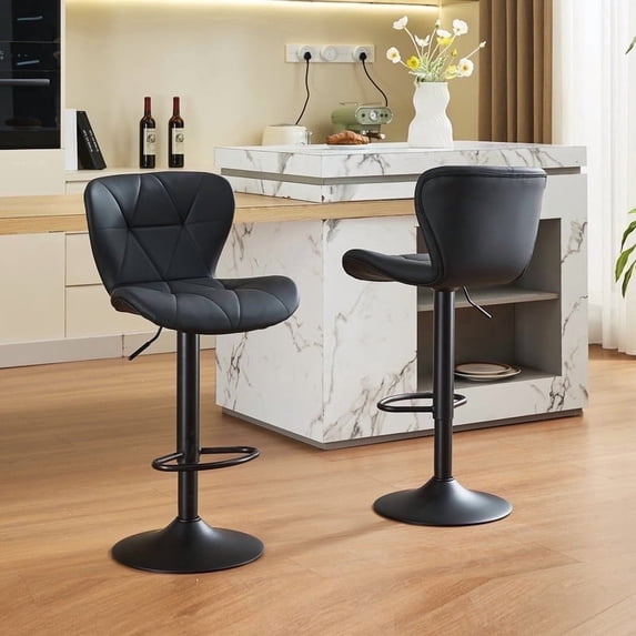Restworld Armless Adjustable Faux PU Leather and Modern Bar Stools - Set of 2, Black