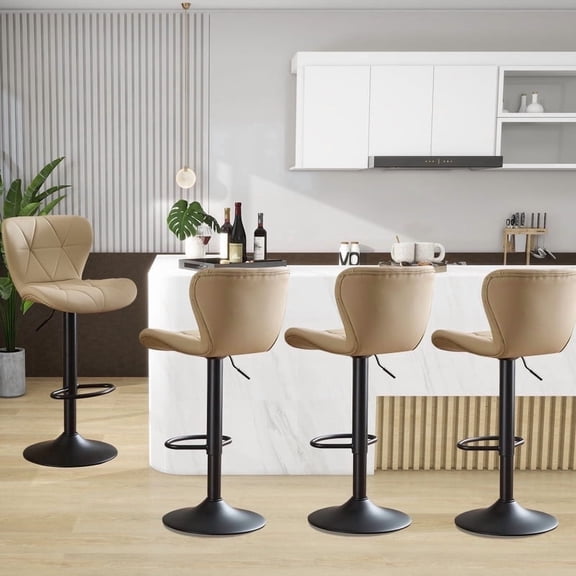 Restworld Solo Classic Adult Armless Adjustable Seat Height and Faux PU Leather Bar Stools - Set of 4, Khaki