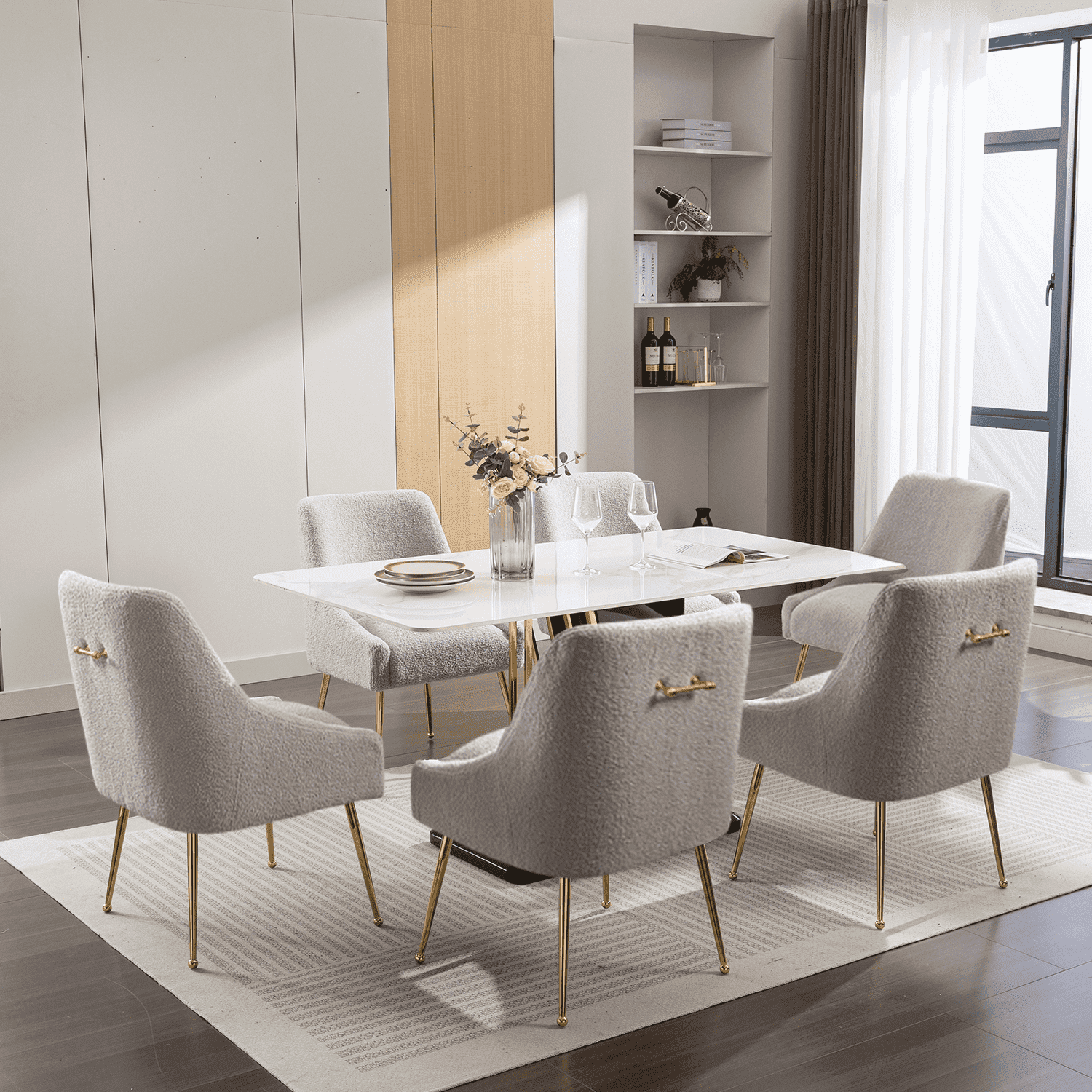 Restworld Boucle Fabric Dining Chairs Set of 6 Modern Upholstered with Gold Metal Legs Kitchen Gray