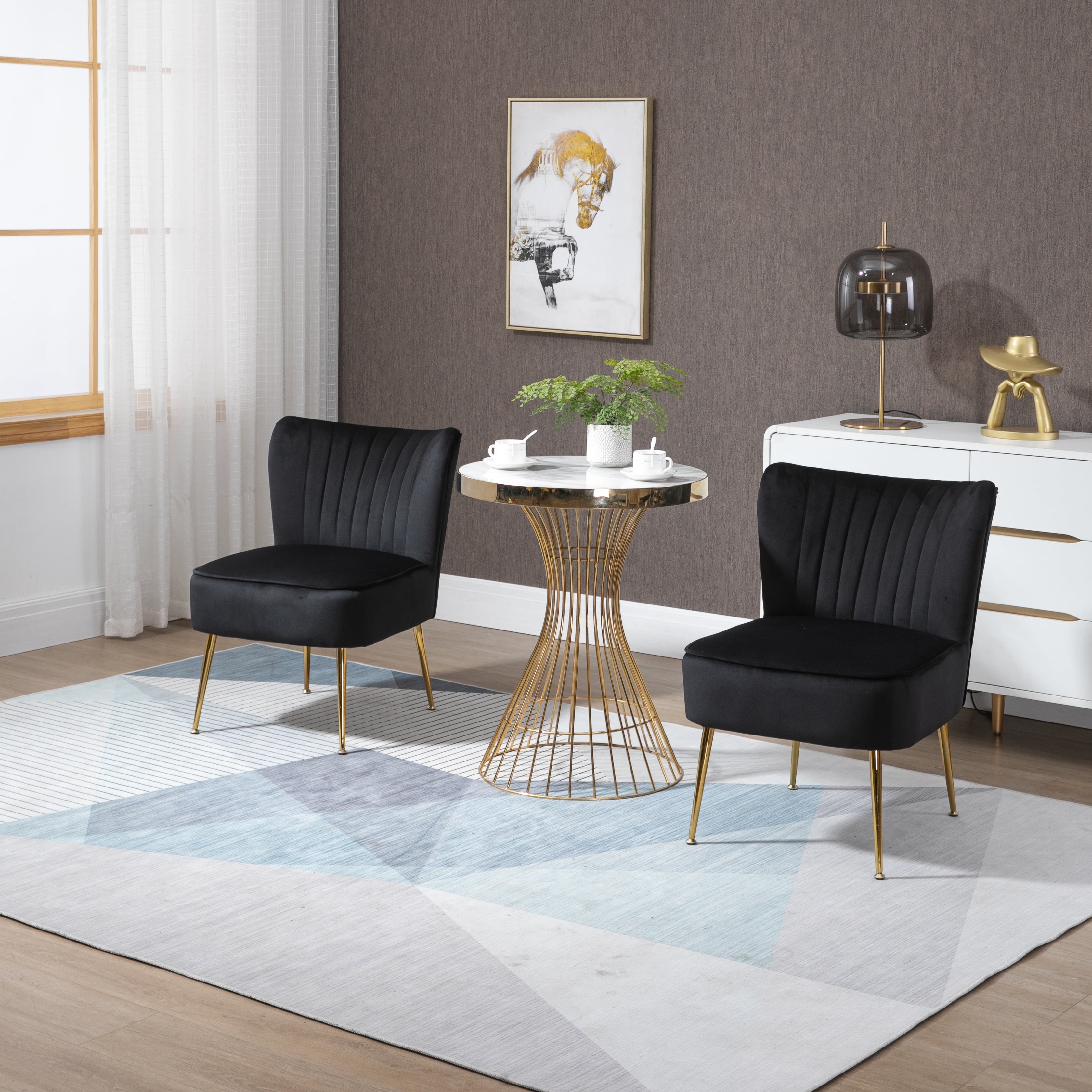 Black Velvet Upholstered Side Chair with Golden Legs