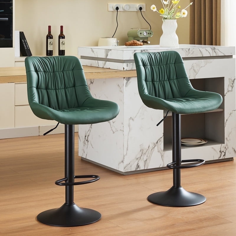 Green Faux Leather Adjustable Swivel Bar Stools with Metal Base
