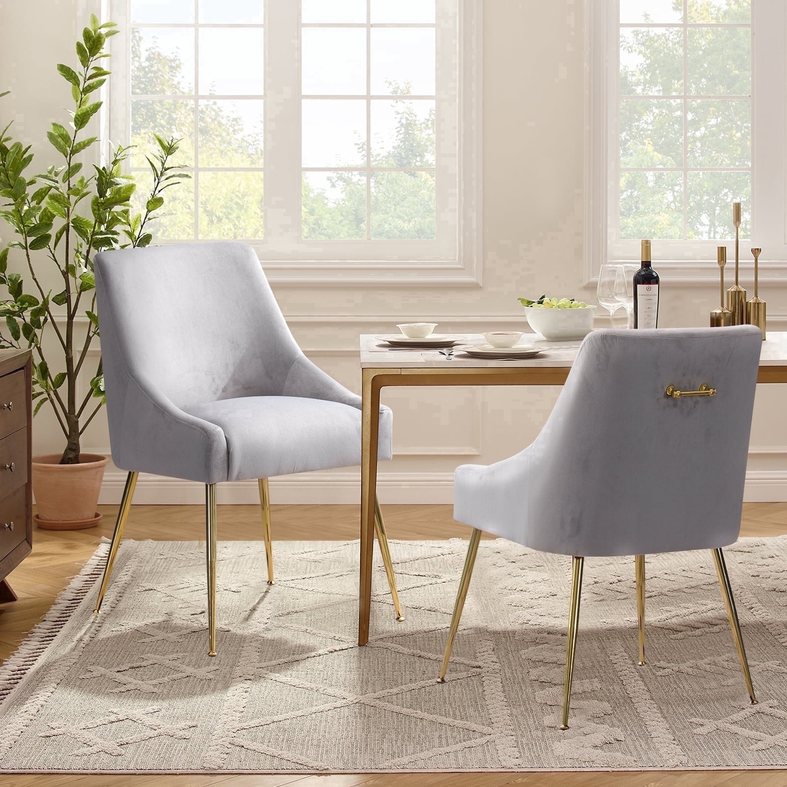 Restworld Modern Upholstered Dining Chairs Set of 2, Velvet Tufted Accent Chairs with Gold Metal Legs for Kitchen Living Room, Grey