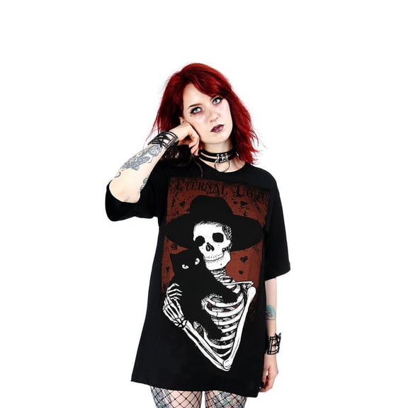 Restyle Eternal Love Skeleton & Cat Gothic Oversized T-Shirt, Black (Small)