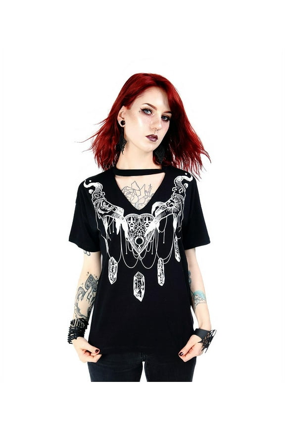 Haunted Ouija Planchette Gothic V-Neck with Choker Shirt (Small)