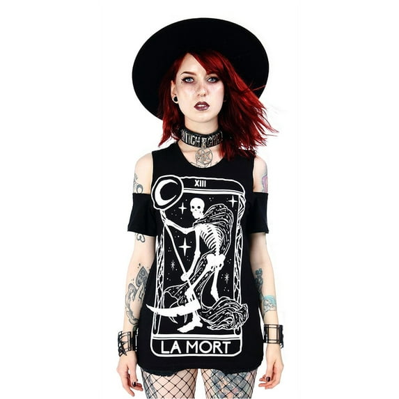 Restyle La Mort Gothic Women's Cold Shoulder Shirt, Black (XS)