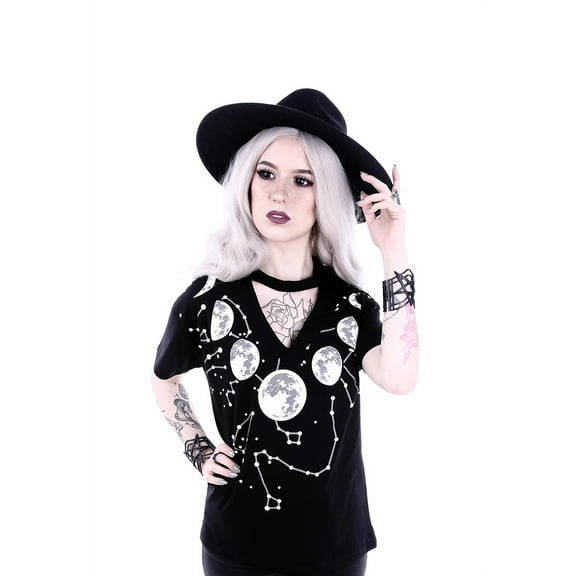 Restyle Moon Phases V-Neck Choker Gothic Shirt, Black, XXXL