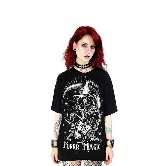 Restyle Purr Magic Gothic Cat Oversized T Shirt, Black (Large)