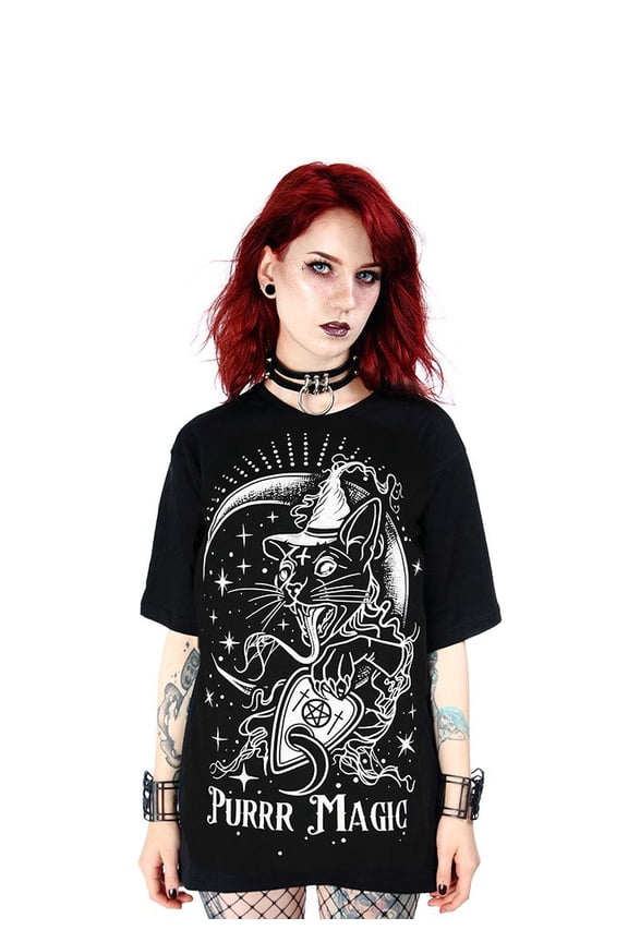 Purr Magic Gothic Cat Oversized T Shirt, Black (Medium)