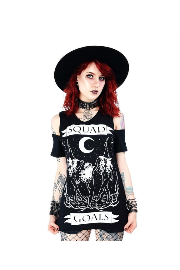 Squad Goals Gothic Witches Cold Shoulder Shirt, Black (XS)