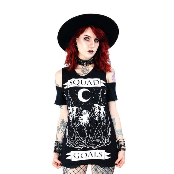 Restyle Squad Goals Gothic Witches Cold Shoulder Shirt, Black (XS)