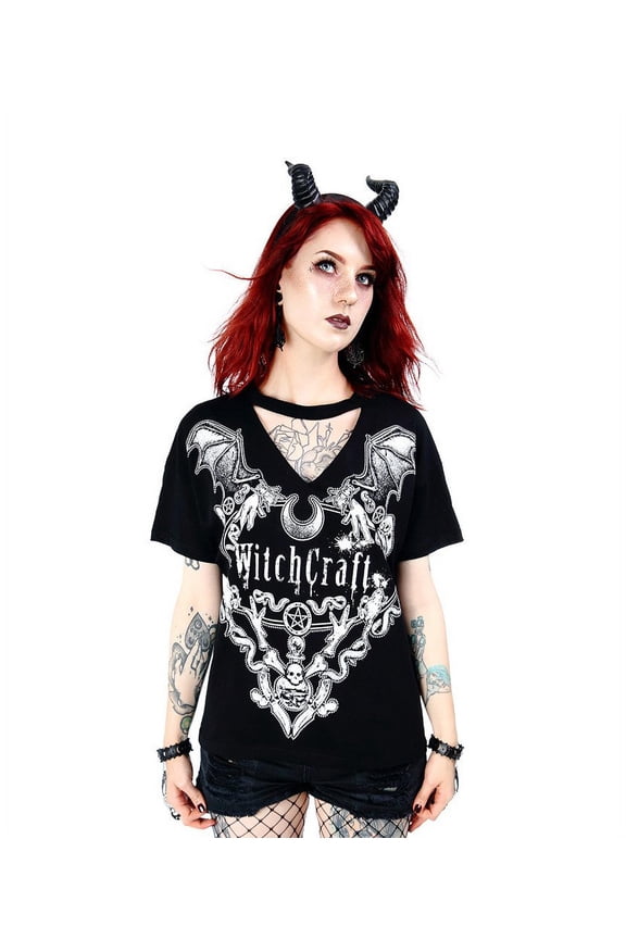 Witchcraft Gothic V-Neck with Choker Shirt, Black (Large)