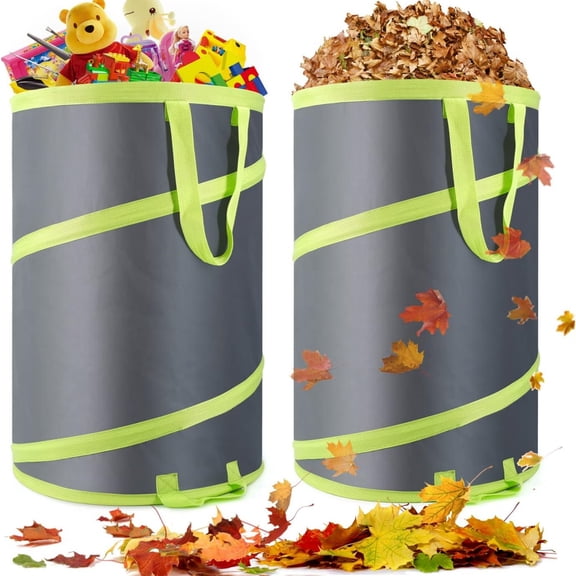 Resuable Leaf Bag 2 Pack, Collapsible Trash Can for Camping, Garden Waste Bag Pop Up, 120L Large Yard Waste Container with Drain Holes and Drawstrings for Windy Days