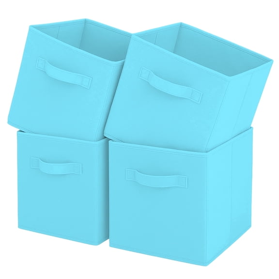 Resulzon 11" Collapsible Fabric Storage Cubes, 4 Foldable Cube Bins Closet Organizers with Handles for Closet Clothes, Skyblue