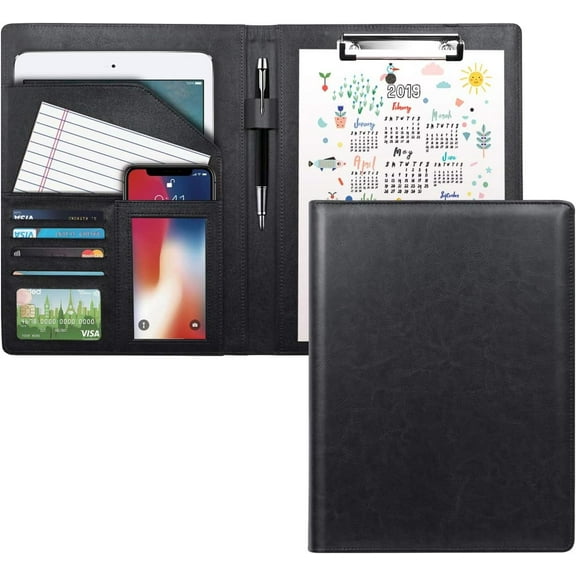 Resume Portfolio Folder Padfolio Clipboard, Writing Portfolio Leather Clipboard with Cover for Legal Pad Holder, Letter Size A4 for Business Conference Notepad Clip Boards, Black